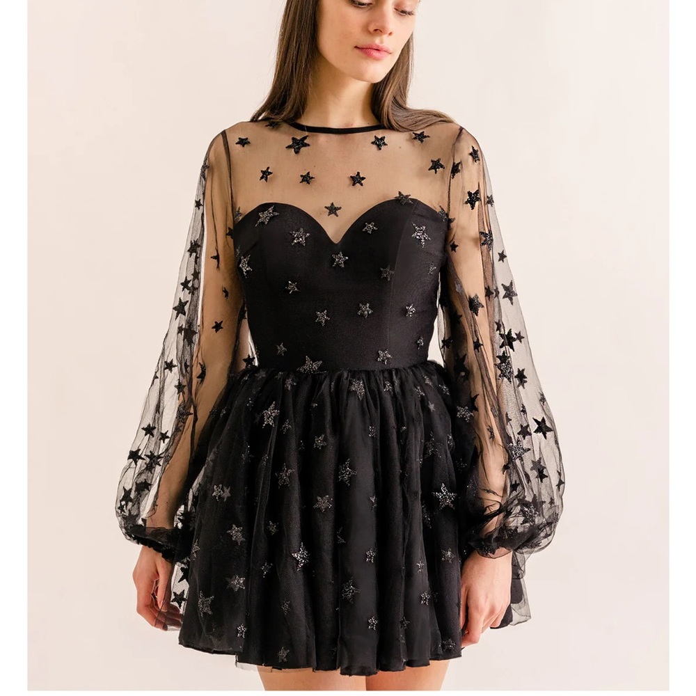 Lirika Matoshi Black Sheer Star Teuta Long Puff Sleeve Evening Party Dress